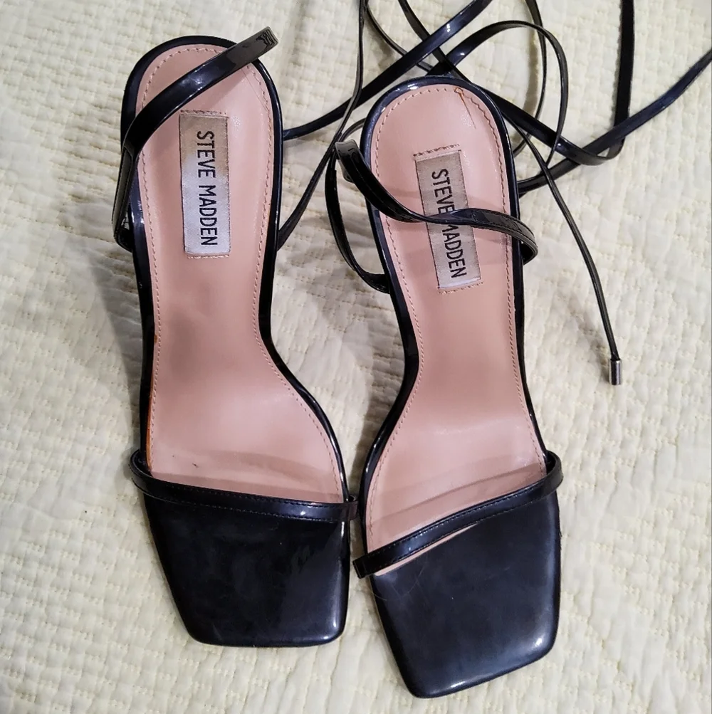 Steve Madden Uplift Vegan Patent Leather Elegant Black Strappy Heels Size 9